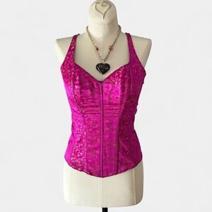 Y2K Pink Corset Satin Brocade Boned Top Floral Lace Up XS S